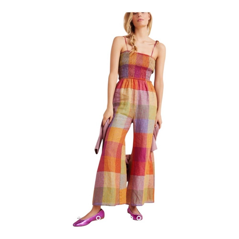 Anthropologie Dra Sierra Smocked Multicolour Wide Leg Jumpsuit 100% Linen